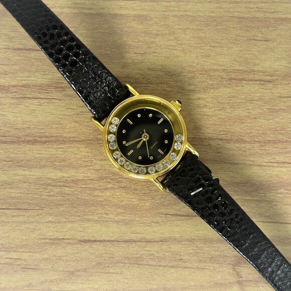 Ladies Avon Stunning Gold Tone Black Leather Band Analog Quartz Watch - Picture 1 of 6